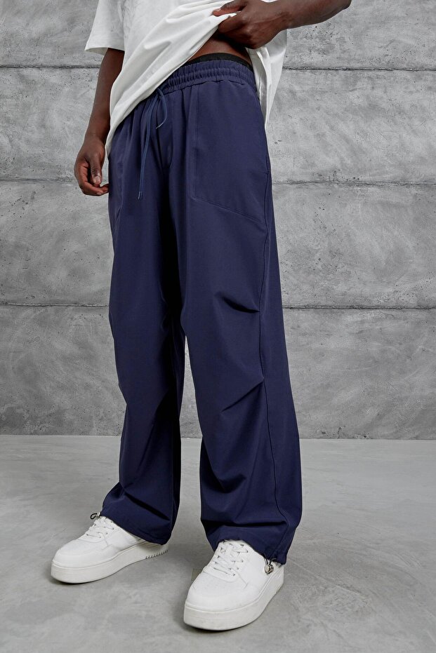 Men's Sweatpants Fabric with Pleated Legs Navy Blue Oversize Parachute Loose Fit