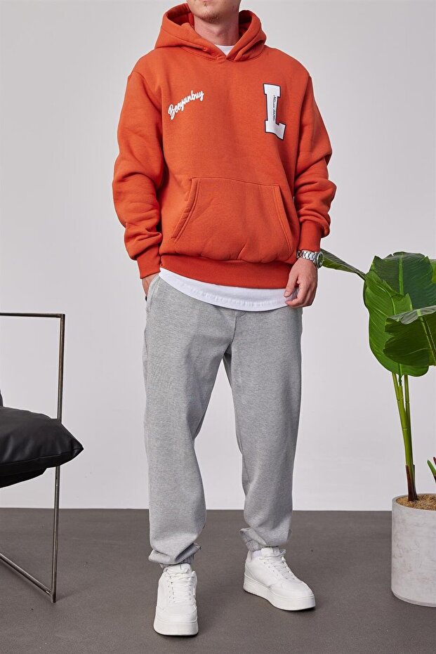 L Harf Baskılı Kiremit Kapüşonlu Sweatshirt - 5