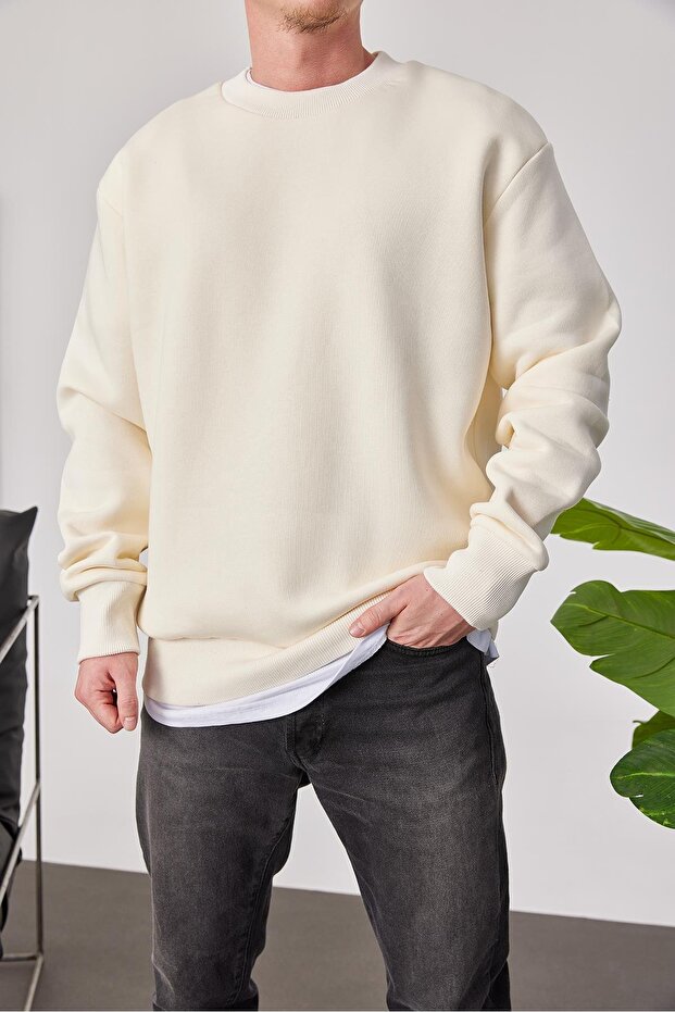 Basic Krem Şardonlu Sweatshirt - 2
