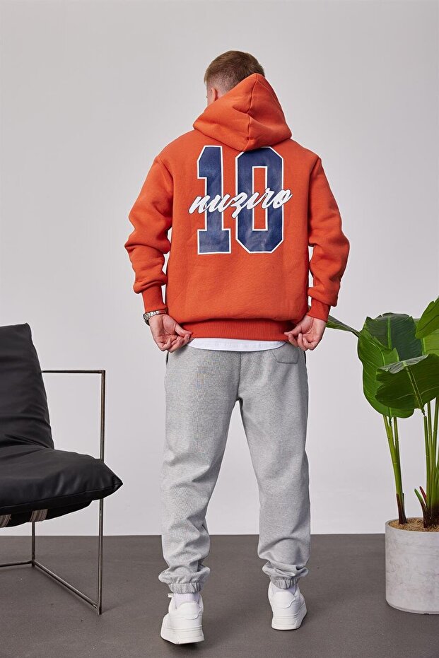 L Harf Baskılı Kiremit Kapüşonlu Sweatshirt - 1