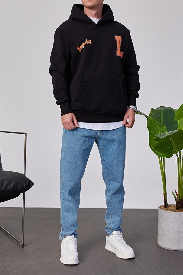 L Harf Baskılı Siyah Kapüşonlu Sweatshirt - 4