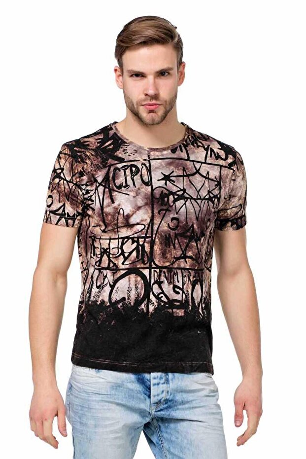 Men's Brown Lettering Painted T-Shirt