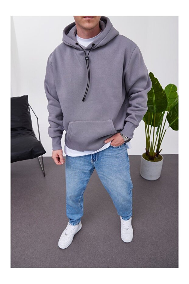 Men's Sweatshirt Gray Oversize Hooded 3 Thread Rastered