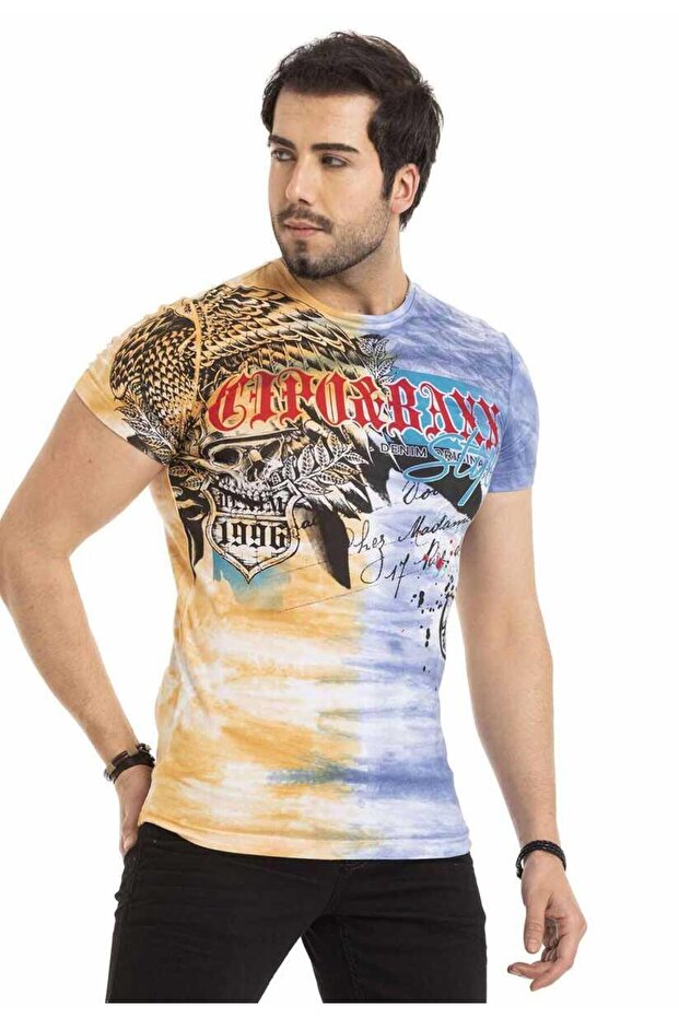 Ct684 eagle patterned skull colorful t-shirt
