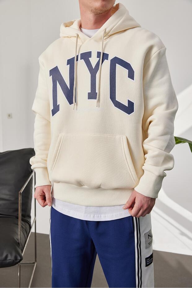 NYC Baskılı Krem Kapüşonlu Sweatshirt - 2