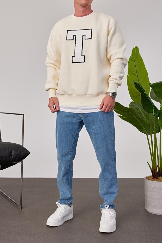 T Harf Baskılı Krem Sweatshirt - 1
