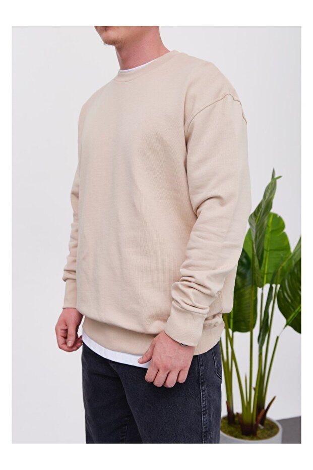 Erkek Basic Pamuk Krem Sweatshirt - 1