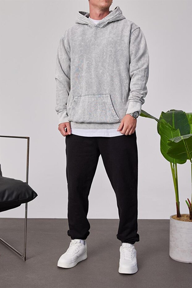 Yıkamalı Basic Kapüşonlu Gri Sweatshirt - 5