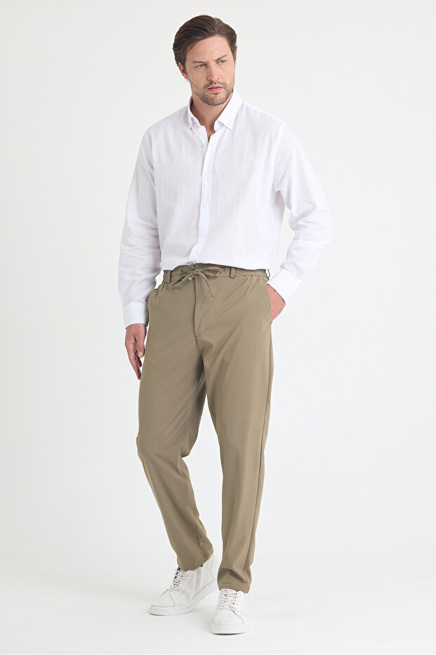 Men's Side Pockets, Elastic Waist, Lace-Up Belt, Relaxed Fit, Comfortable Cut Cool Fabric Trousers