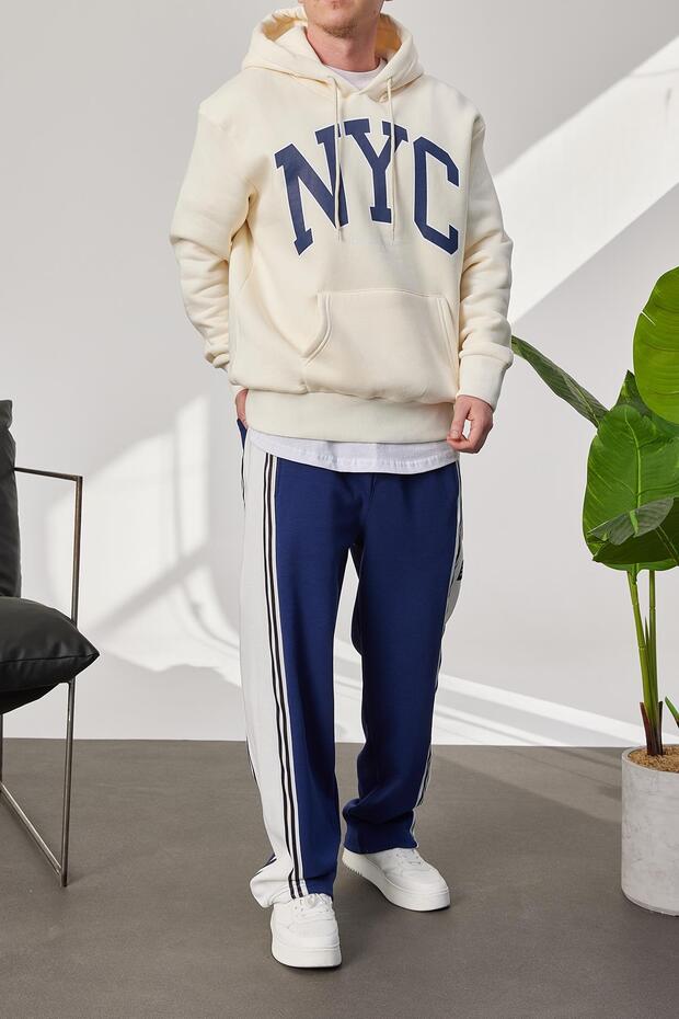 NYC Baskılı Krem Kapüşonlu Sweatshirt - 1