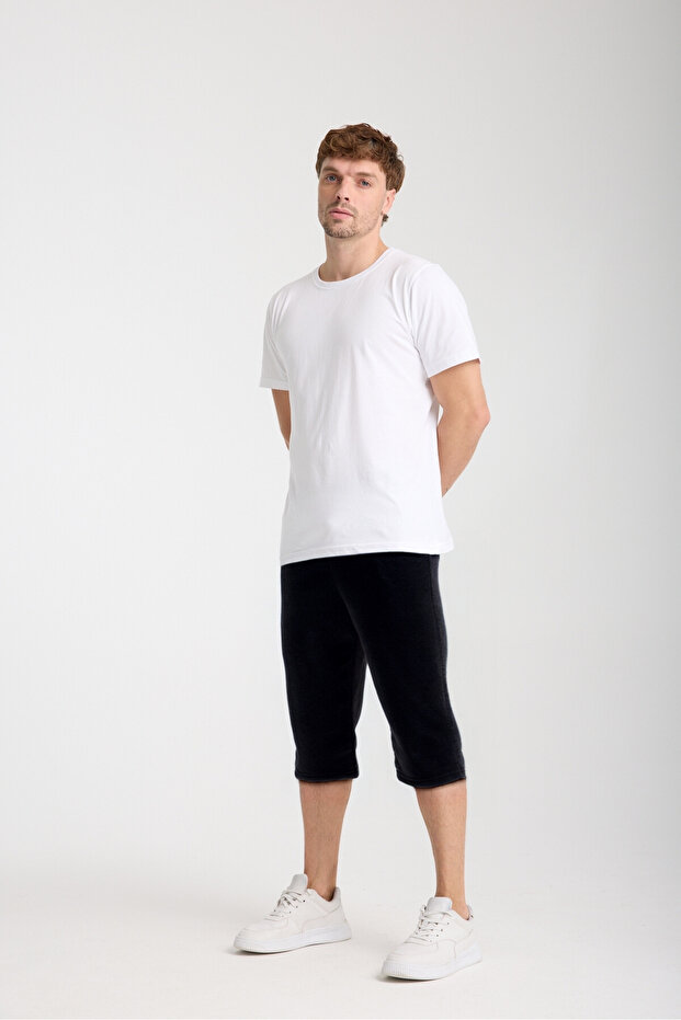 Men's Capri Length Side Pockets Lace-Up Waist Basic Bermuda Combed Cotton Shorts