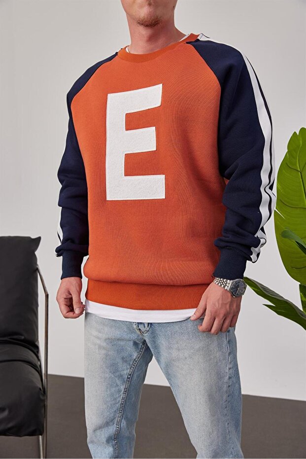 E Harf Baskılı Kiremit Sweatshirt - 1
