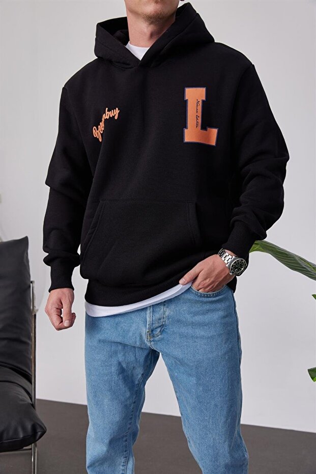 L Harf Baskılı Siyah Kapüşonlu Sweatshirt - 2