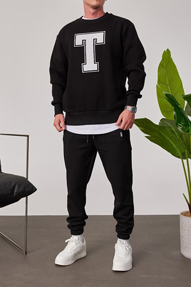 T Harf Baskılı Siyah Sweatshirt - 3