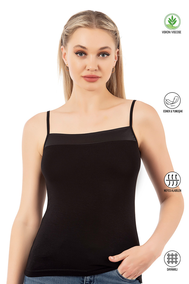 Özkan 2041 Women's Premium Fabric Viscose Collar Satin Detailed Flexible Soft Thin Strap Undershirt