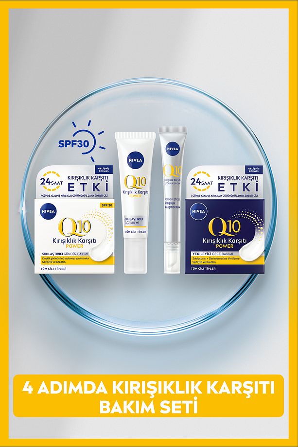 Q10 4 Adımlı Kırışıklık Karşıtı Bakım Seti, Gündüz ve Gece Kremi 50ml, Göz Kremi 15ml ve Serum 15ml - 1