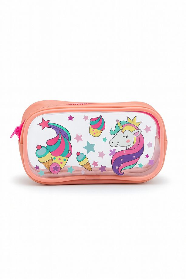 01112 Pembe Renk Unicorn Desenli Şeffaf Su Geçirmez Tek Bölmeli Kalem Kutusu - 2