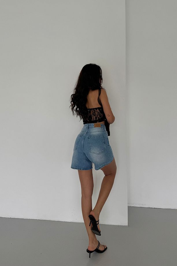 Kadın Yüksek Bel Düğmeli Bebe Mavi Mini Kot Şort - 6