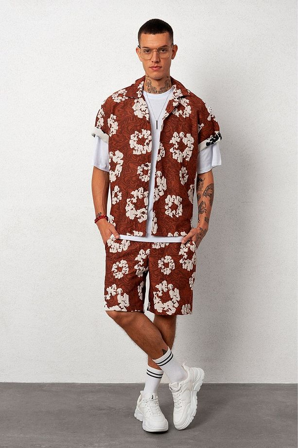 Kahve Çiçekli Kapitone Oversize Erkek Gömlek - 3
