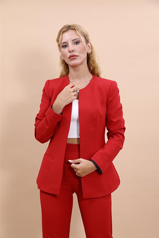 Oval Collar Classic Jacket with Side Pockets - Red - 1043100