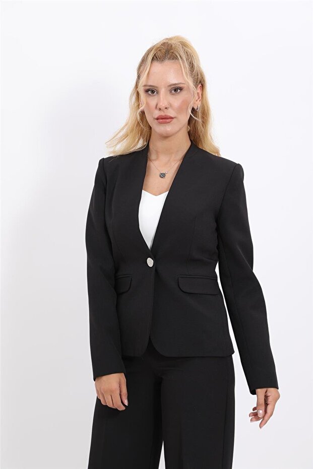 Plus Size - Collared Single Button Jacket-Black