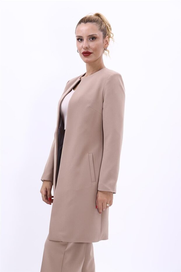 سترة طويلة مستقيمة بياقة دائرية - حجرية - 3