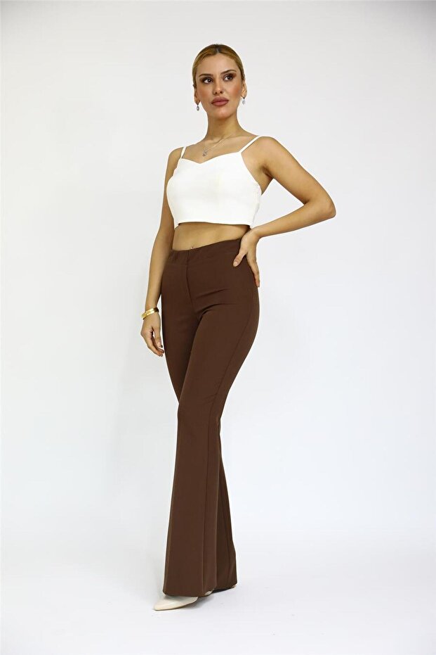 İspanyol Paça Pantolon-Kestane - 5