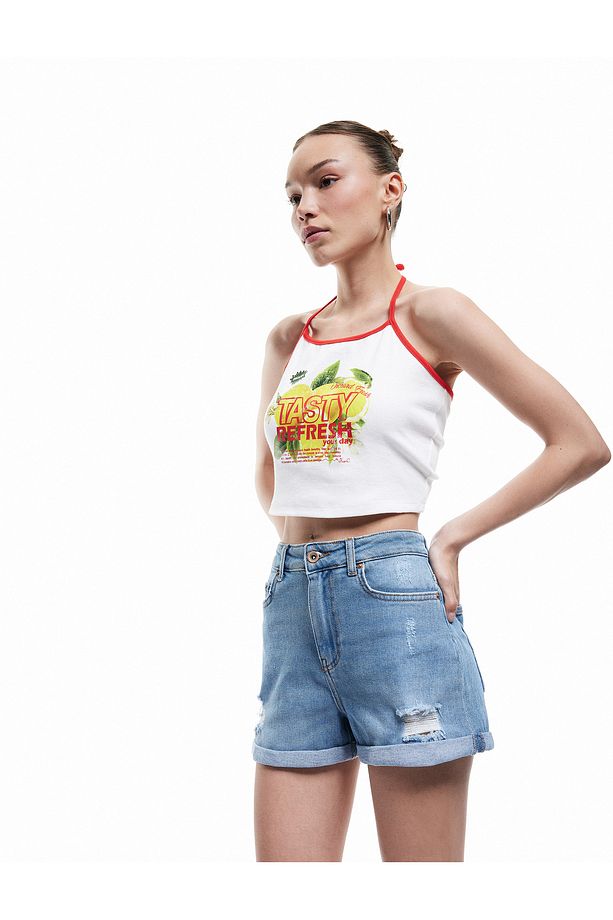 Mini Kot Şort Yüksek Bel Skinny Fit Yıpratılmış Cepli - 2