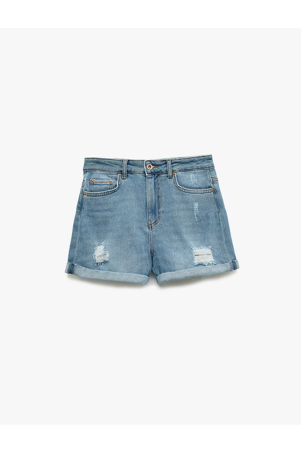Mini Kot Şort Yüksek Bel Skinny Fit Yıpratılmış Cepli - 4