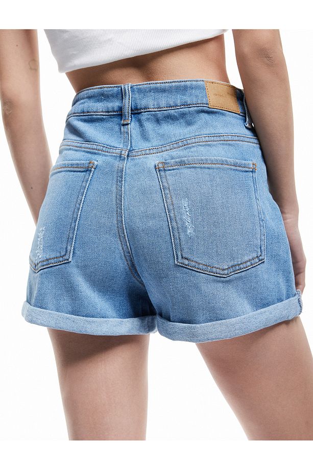 Mini Kot Şort Yüksek Bel Skinny Fit Yıpratılmış Cepli - 3