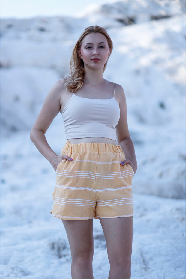 Cotton Beach Shorts with Pockets and Elastic Waistline Stripes