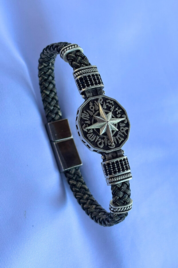 Genuine Leather Men's Bracelet Made with Compass Figure Zircon Stone Handcrafted