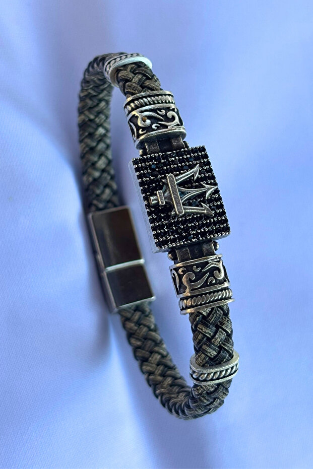 Genuine Leather Men's Bracelet Made with Spear Rectangular Zircon Stone Handcrafted