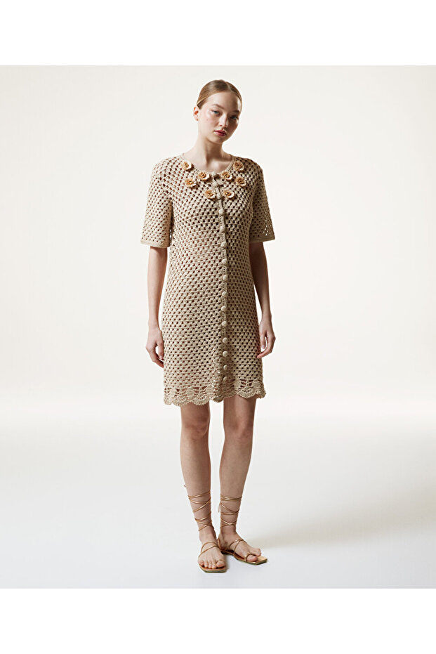 Rafya çiçek işlemeli triko elbise - 2