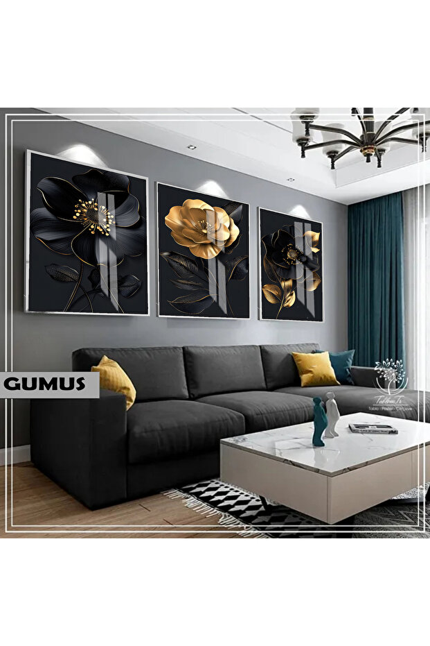 Amazing | Black&Gold Set Macro Manolya Combination | Framed Glass Table 3 Pieces Vertical