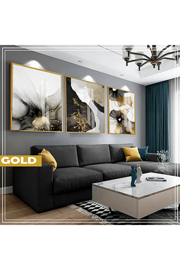 هاريكابيريف | مجموعة BLACK&GOLD منقوشة بالزهور | طاولة زجاجية بإطار 3 قطع عمودية