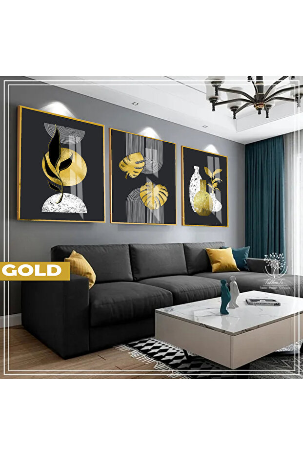 هاريكابيريف | مجموعة BLACK&GOLD LEAFED BOHEM COMBINATION | طاولة زجاجية بإطار 3 قطع عمودية