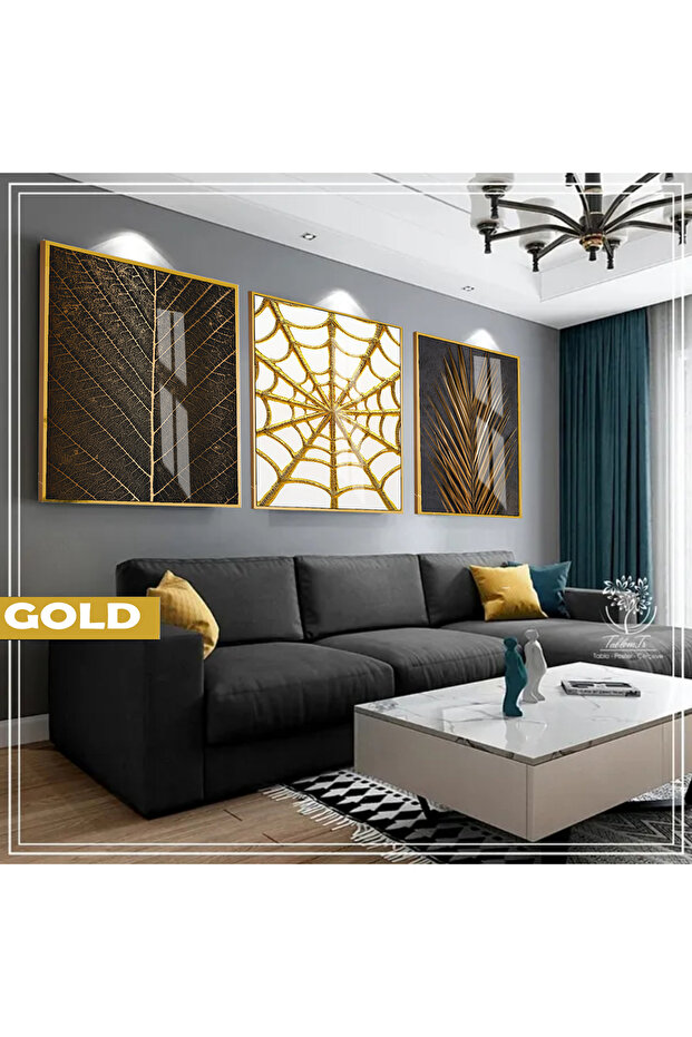 Amazing | Black&Gold Set Leaf Spider Web Combination | Framed Glass Table 3 Pieces Vertical