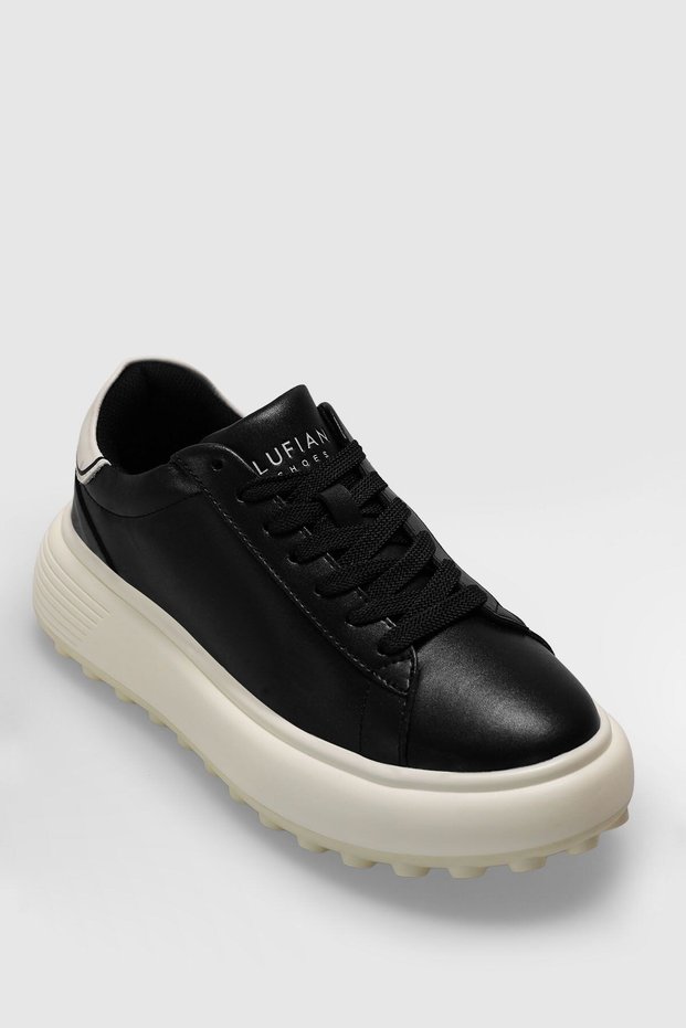 Genuine Leather Lace-Up Casual Sneaker Black-White