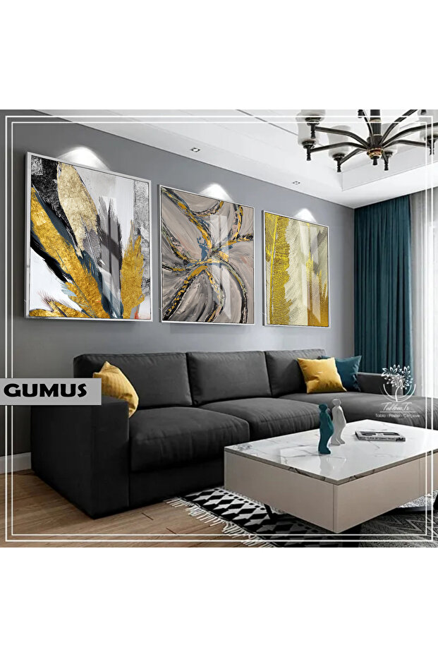 Amazing | Grey&Gold Set Wing Abstract Combination | Framed Glass Table 3 Pieces Vertical