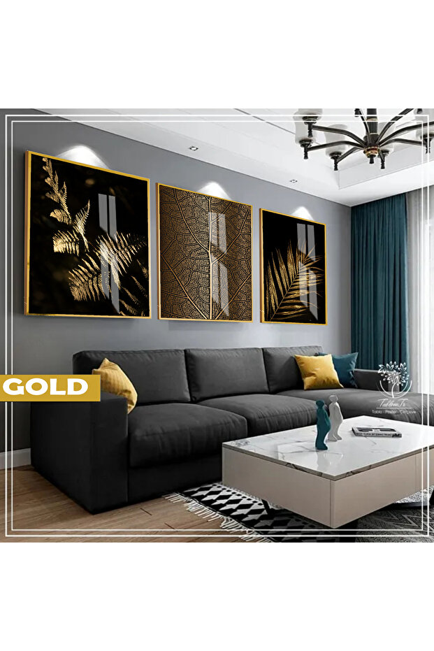 هاريكابيريف | مجموعة BLACK&GOLD مجموعة أوراق ماكرو | طاولة زجاجية بإطار 3 قطع عمودية