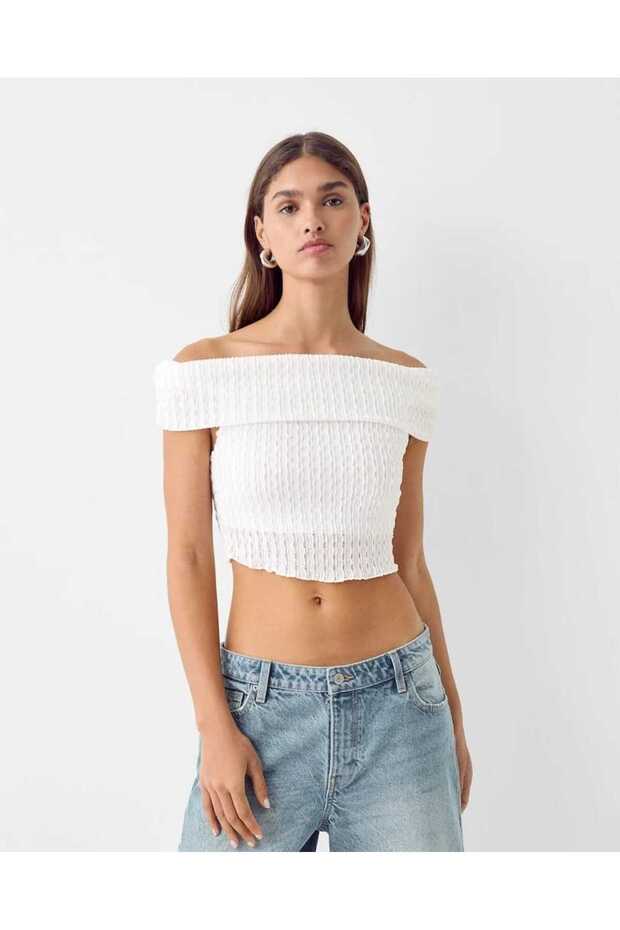 BEYAZ STRAPLEZ CROP BODY ÖRME BLUZ - 2