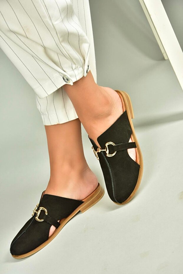 U944150403 Black Genuine Leather Closed Front Women's Slippers