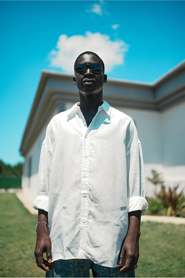 Erkek Soft Dokulu Basic Oversize Gömlek Beyaz - 3