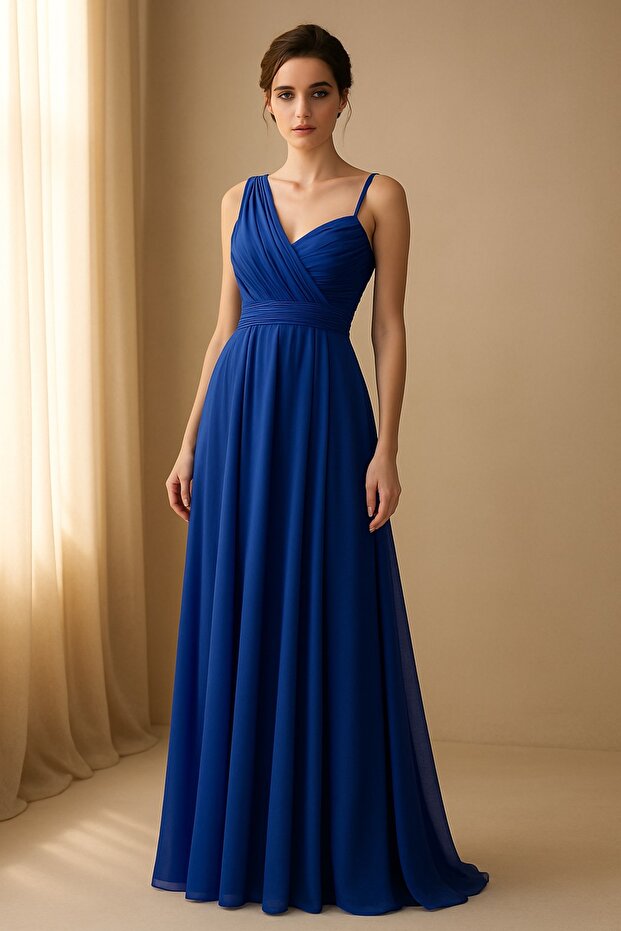 V Neck One Shoulder Colorful Patterned Tulle Evening Dress