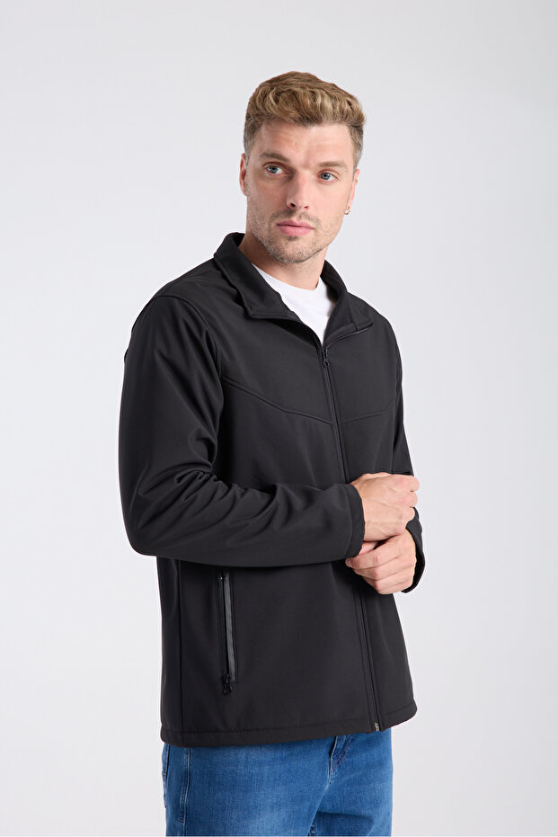معطف سوفتشيل أسود مقاوم للماء للرجال - 1