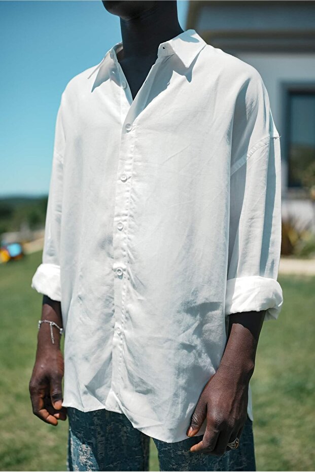 Erkek Soft Dokulu Basic Oversize Gömlek Beyaz - 2