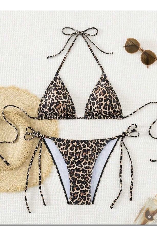 Kadın Siyah+Leopar Yandan Ve Boyundan Şort Bağlamalı Tangalı Üçgen Bikini Gecelik Deniz Takımı - 7