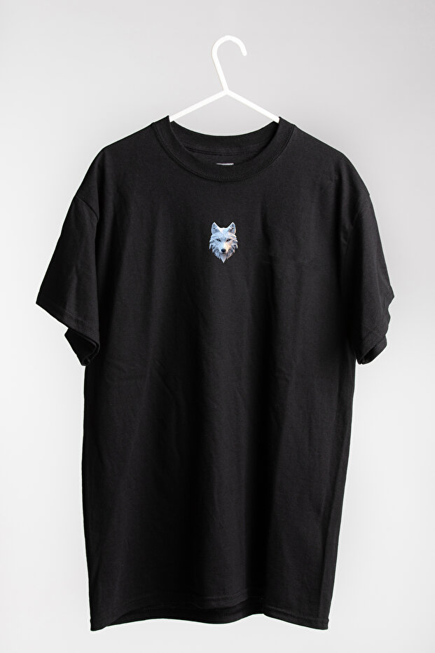 Geometric Wolf Custom Design Printed 100% Cotton Crew Neck Black-White T-Shirt