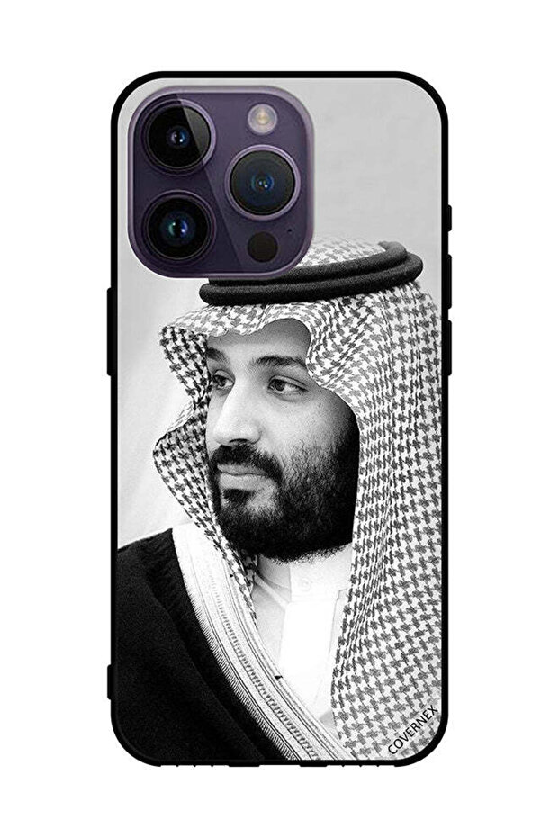 غطاء حماية لجهاز آيفون 14 برو من آبل، صورة محمد بن سلمان بالأبيض والأسود